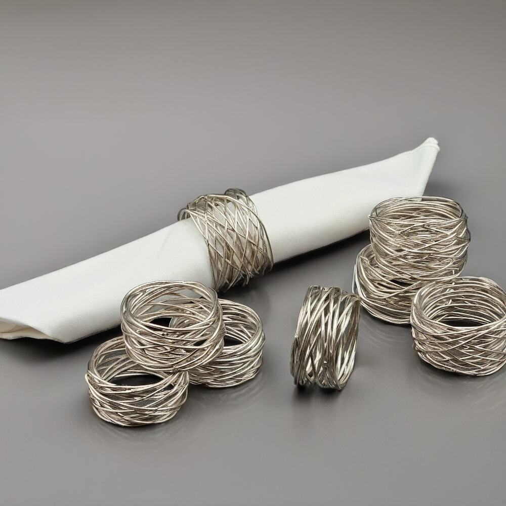 Set of 8 Silver Wire Mesh Napkin Rings Modern Sculptural Table Decor